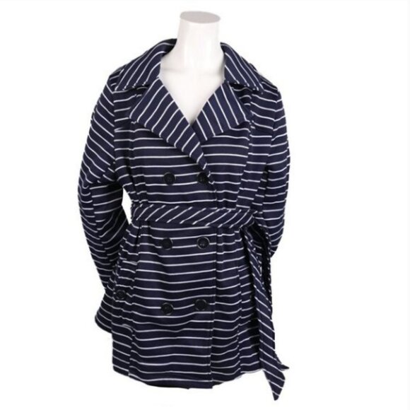 Sabrina Lauren Fleece Lined Jacket Striped Peacoat Double Breasted Navy White - Picture 5 of 5